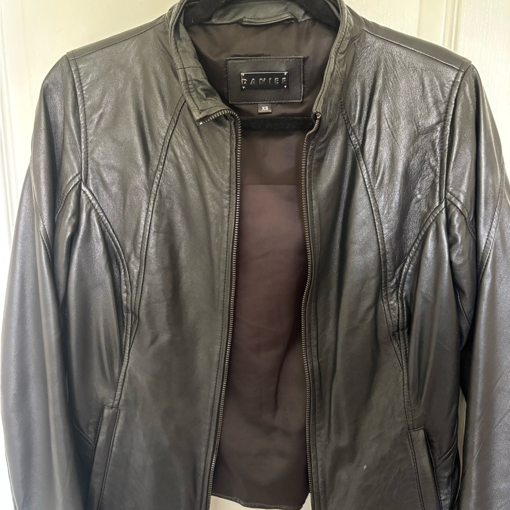 Danier Black Leather Jacket with Branded Plaque